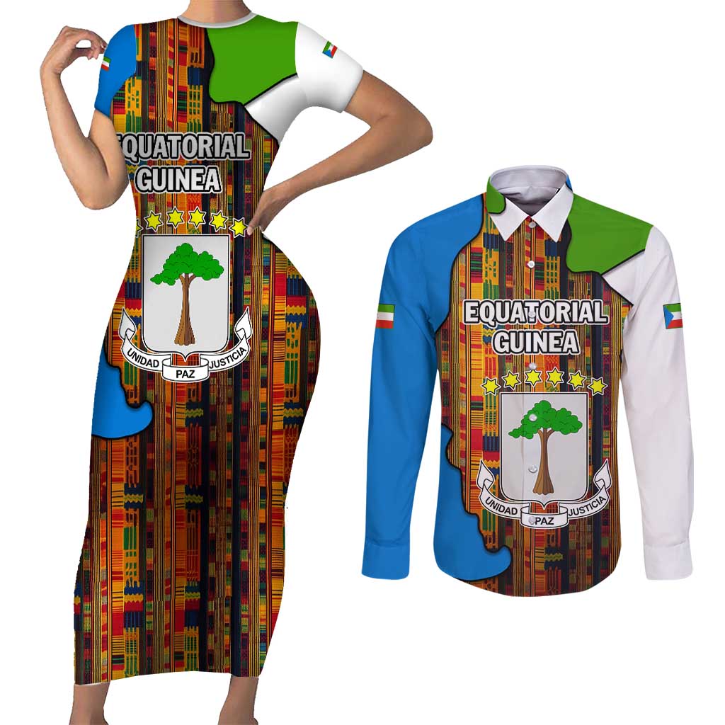 Equatorial Guinea Kente Couples Matching Short Sleeve Bodycon Dress and Long Sleeve Button Shirt with Tribal Mask and National Coat of Arms