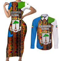 Equatorial Guinea Kente Couples Matching Short Sleeve Bodycon Dress and Long Sleeve Button Shirt with Tribal Mask and National Coat of Arms