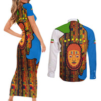 Equatorial Guinea Kente Couples Matching Short Sleeve Bodycon Dress and Long Sleeve Button Shirt with Tribal Mask and National Coat of Arms
