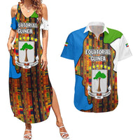 Equatorial Guinea Kente Couples Matching Summer Maxi Dress and Hawaiian Shirt with Tribal Mask and National Coat of Arms