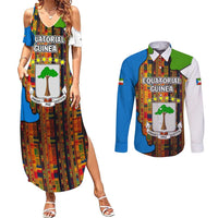 Equatorial Guinea Kente Couples Matching Summer Maxi Dress and Long Sleeve Button Shirt with Tribal Mask and National Coat of Arms
