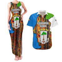 Equatorial Guinea Kente Couples Matching Tank Maxi Dress and Hawaiian Shirt with Tribal Mask and National Coat of Arms