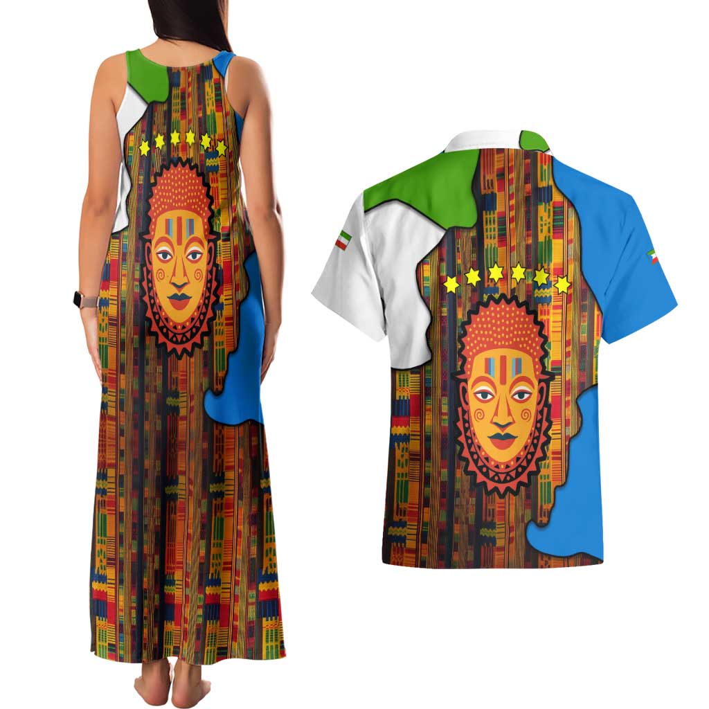 Equatorial Guinea Kente Couples Matching Tank Maxi Dress and Hawaiian Shirt with Tribal Mask and National Coat of Arms