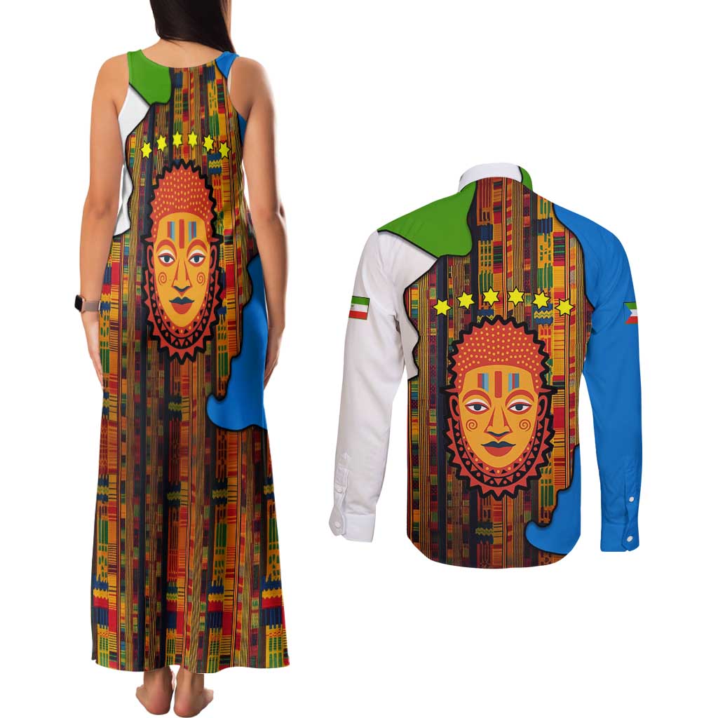 Equatorial Guinea Kente Couples Matching Tank Maxi Dress and Long Sleeve Button Shirt with Tribal Mask and National Coat of Arms
