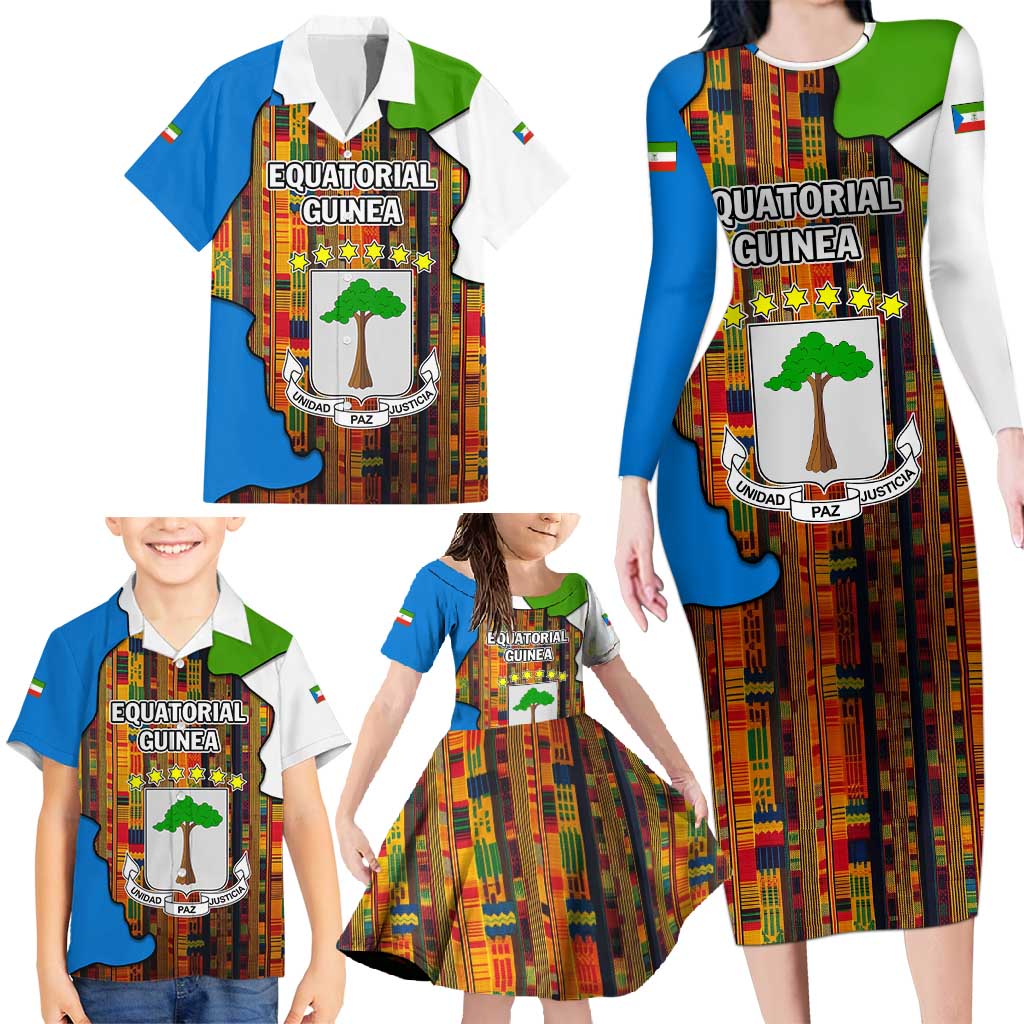 Equatorial Guinea Kente Family Matching Long Sleeve Bodycon Dress and Hawaiian Shirt with Tribal Mask and National Coat of Arms
