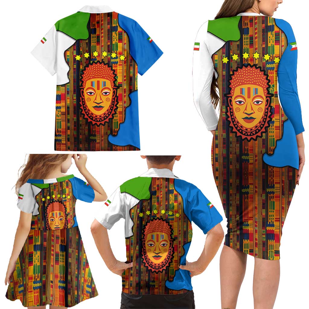 Equatorial Guinea Kente Family Matching Long Sleeve Bodycon Dress and Hawaiian Shirt with Tribal Mask and National Coat of Arms