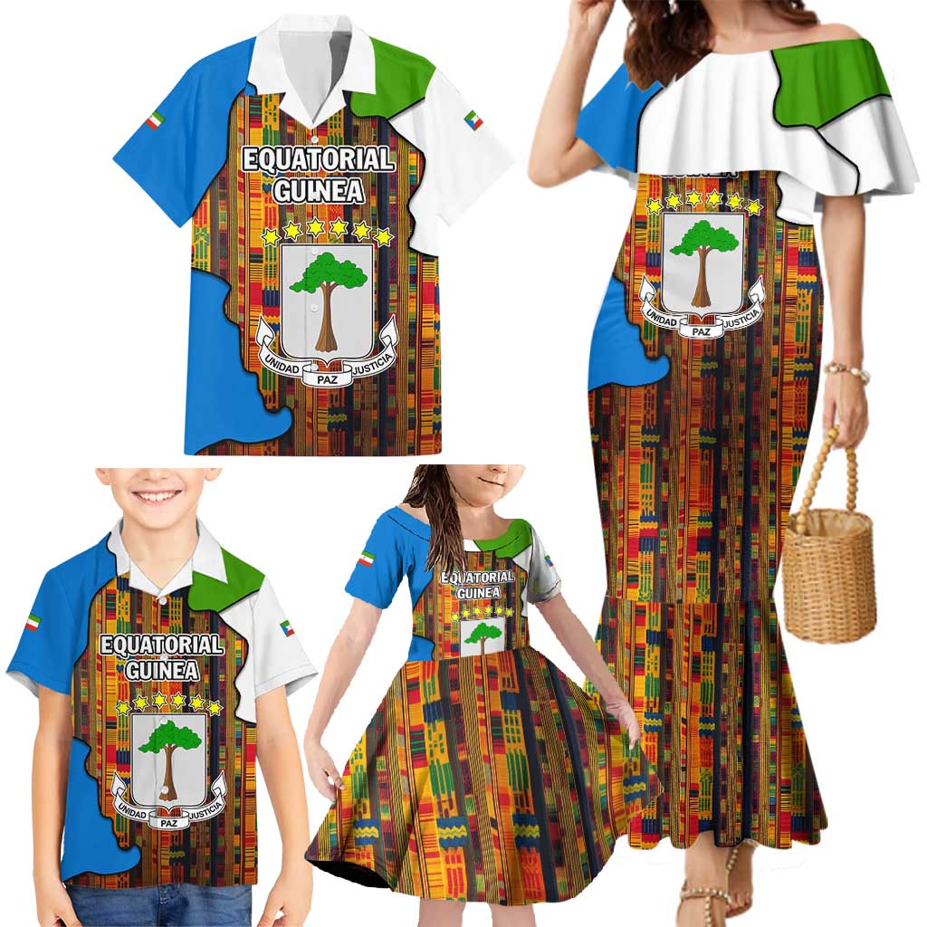 Equatorial Guinea Kente Family Matching Mermaid Dress and Hawaiian Shirt with Tribal Mask and National Coat of Arms