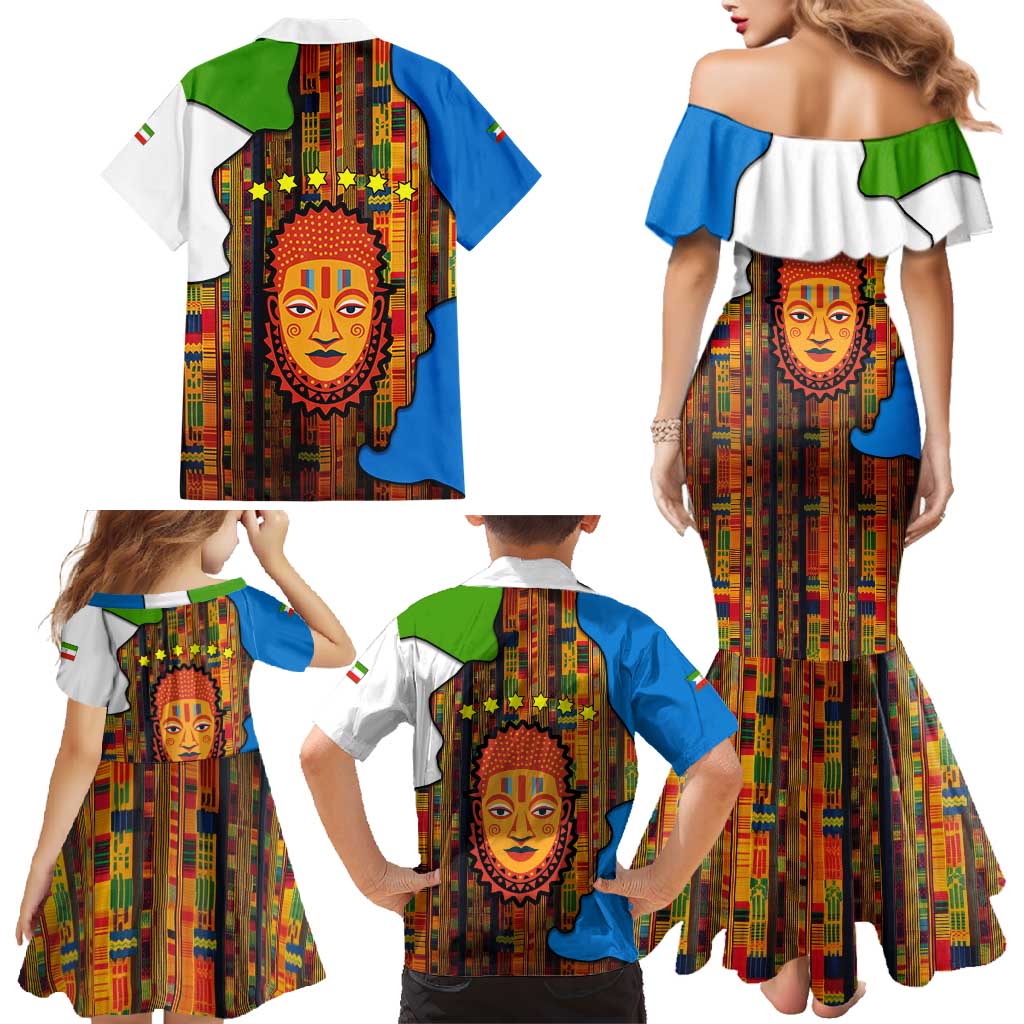 Equatorial Guinea Kente Family Matching Mermaid Dress and Hawaiian Shirt with Tribal Mask and National Coat of Arms