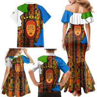 Equatorial Guinea Kente Family Matching Mermaid Dress and Hawaiian Shirt with Tribal Mask and National Coat of Arms