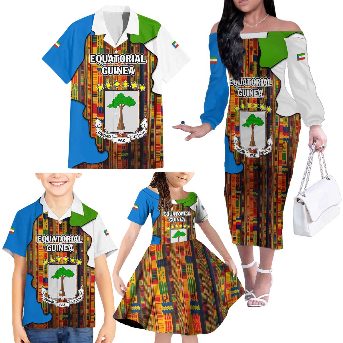 Equatorial Guinea Kente Family Matching Off The Shoulder Long Sleeve Dress and Hawaiian Shirt with Tribal Mask and National Coat of Arms