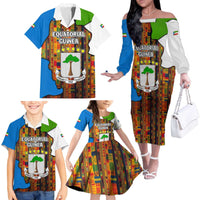Equatorial Guinea Kente Family Matching Off The Shoulder Long Sleeve Dress and Hawaiian Shirt with Tribal Mask and National Coat of Arms