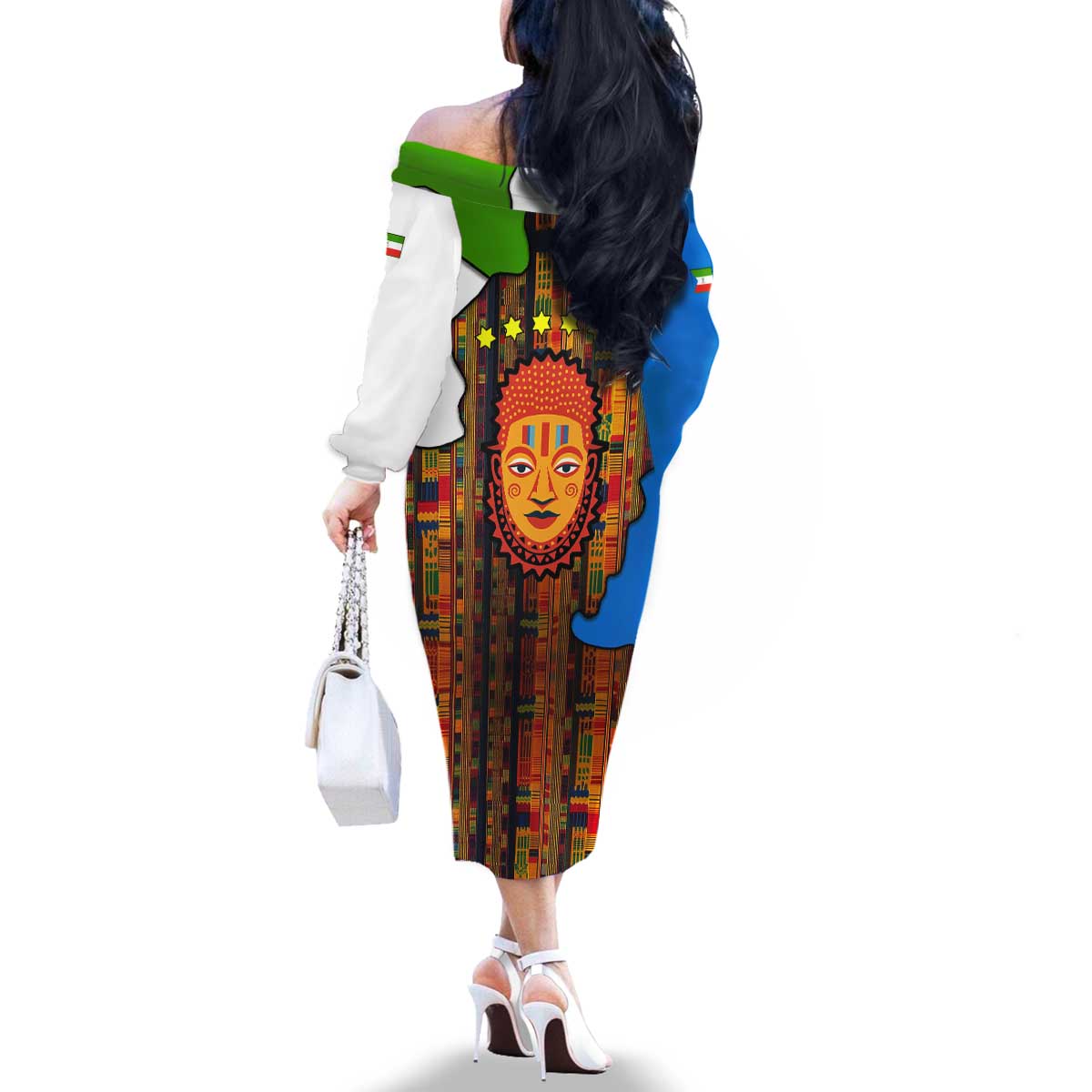 Equatorial Guinea Kente Family Matching Off The Shoulder Long Sleeve Dress and Hawaiian Shirt with Tribal Mask and National Coat of Arms