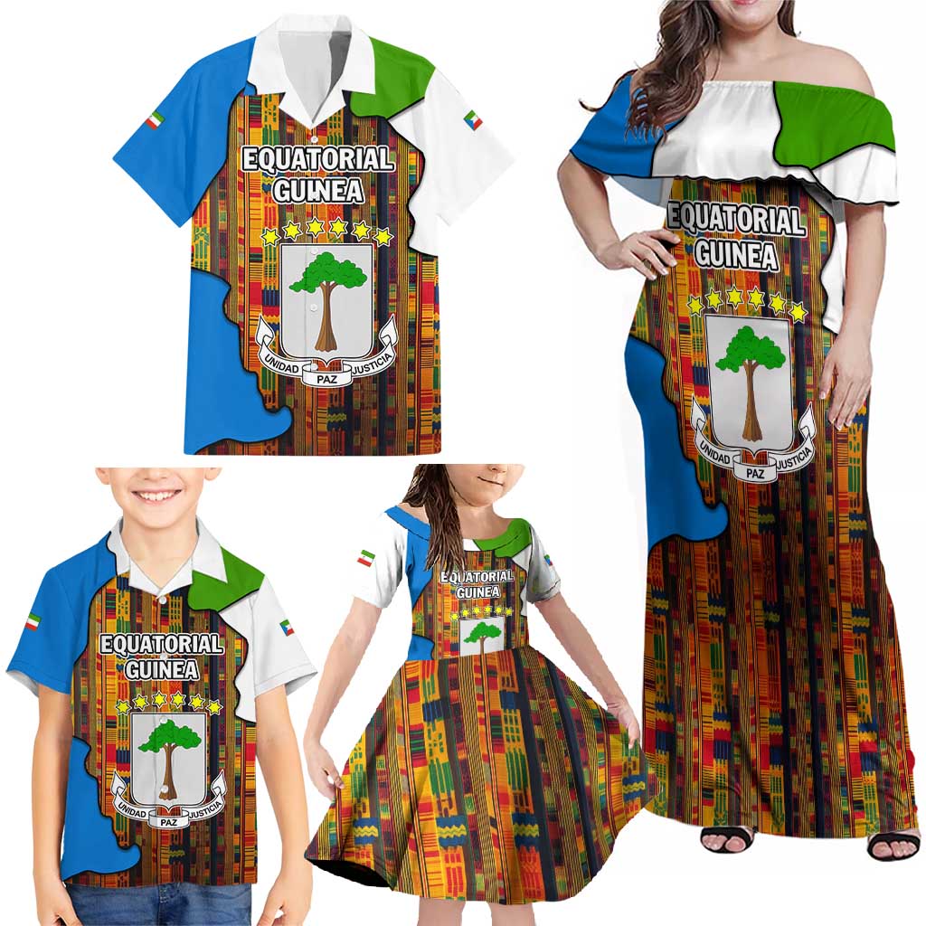 Equatorial Guinea Kente Family Matching Off Shoulder Maxi Dress and Hawaiian Shirt with Tribal Mask and National Coat of Arms