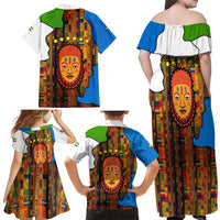 Equatorial Guinea Kente Family Matching Off Shoulder Maxi Dress and Hawaiian Shirt with Tribal Mask and National Coat of Arms