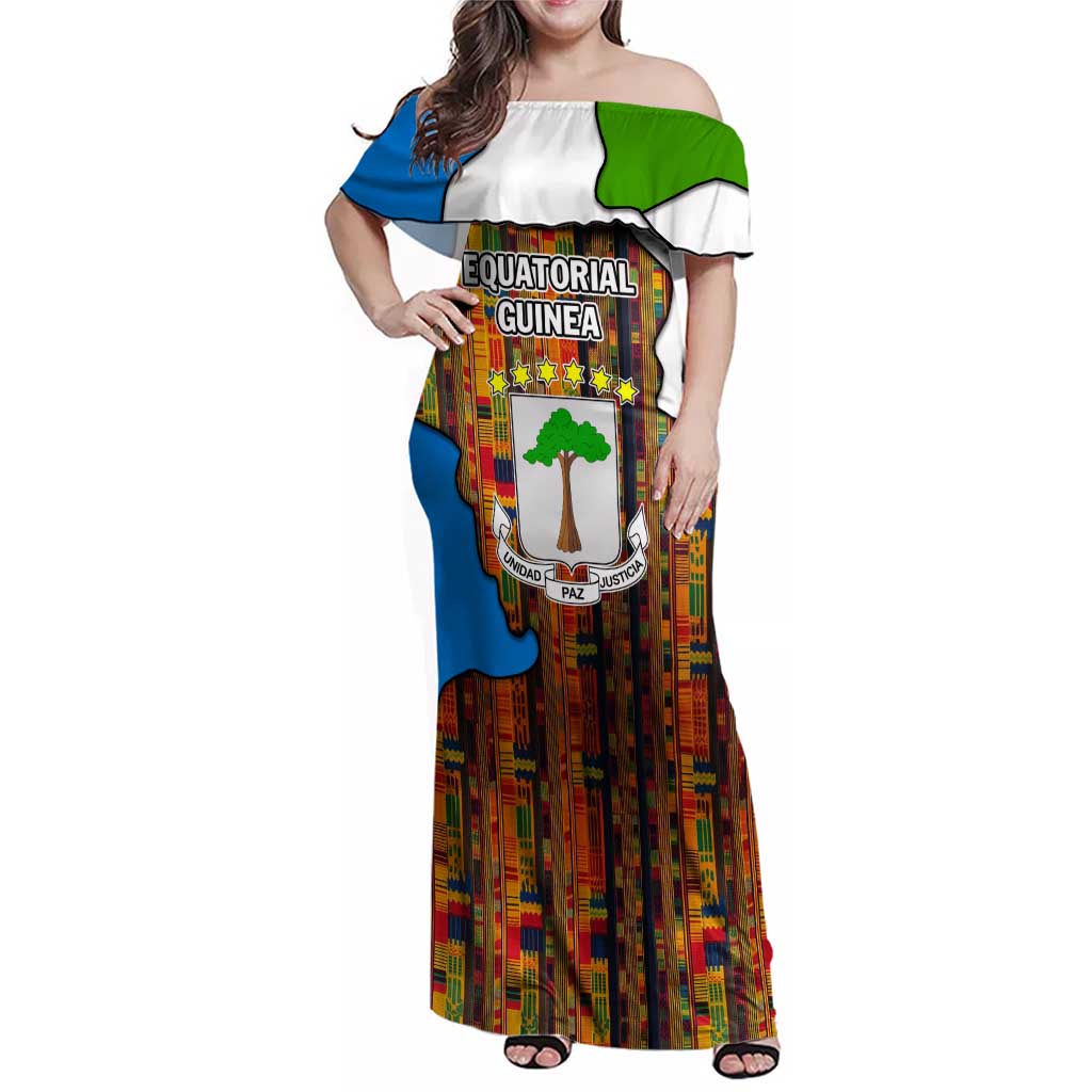 Equatorial Guinea Kente Family Matching Off Shoulder Maxi Dress and Hawaiian Shirt with Tribal Mask and National Coat of Arms