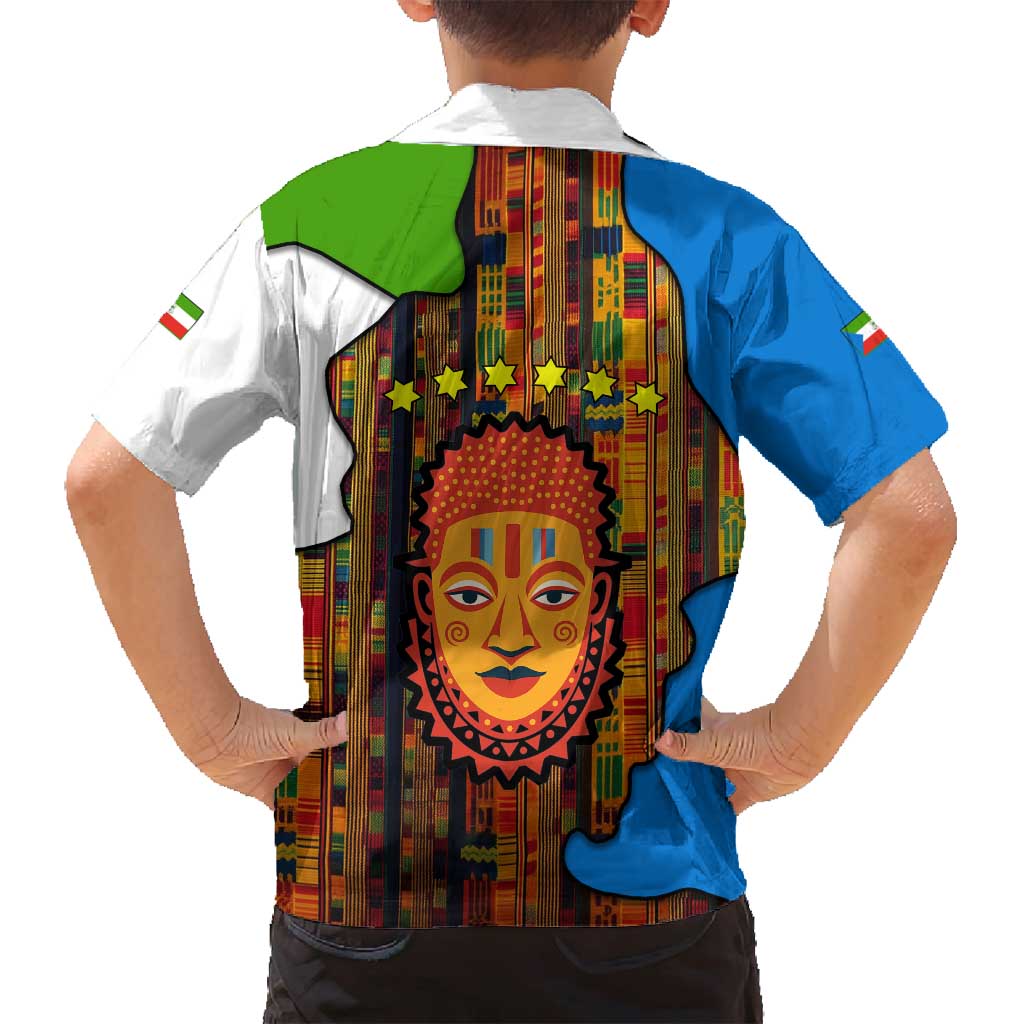 Equatorial Guinea Kente Family Matching Off Shoulder Short Dress and Hawaiian Shirt with Tribal Mask and National Coat of Arms