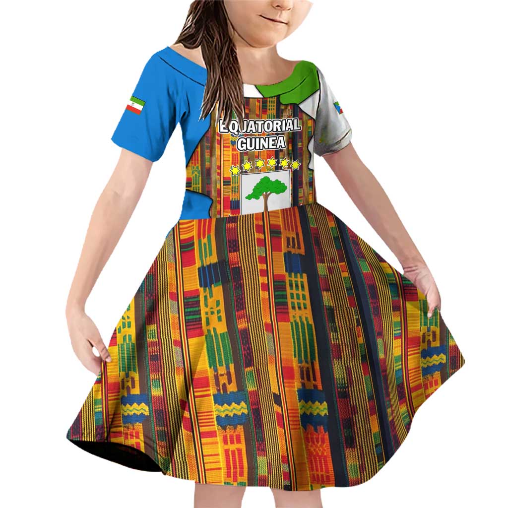 Equatorial Guinea Kente Family Matching Off Shoulder Short Dress and Hawaiian Shirt with Tribal Mask and National Coat of Arms