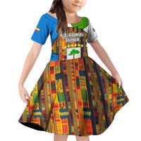 Equatorial Guinea Kente Family Matching Off Shoulder Short Dress and Hawaiian Shirt with Tribal Mask and National Coat of Arms