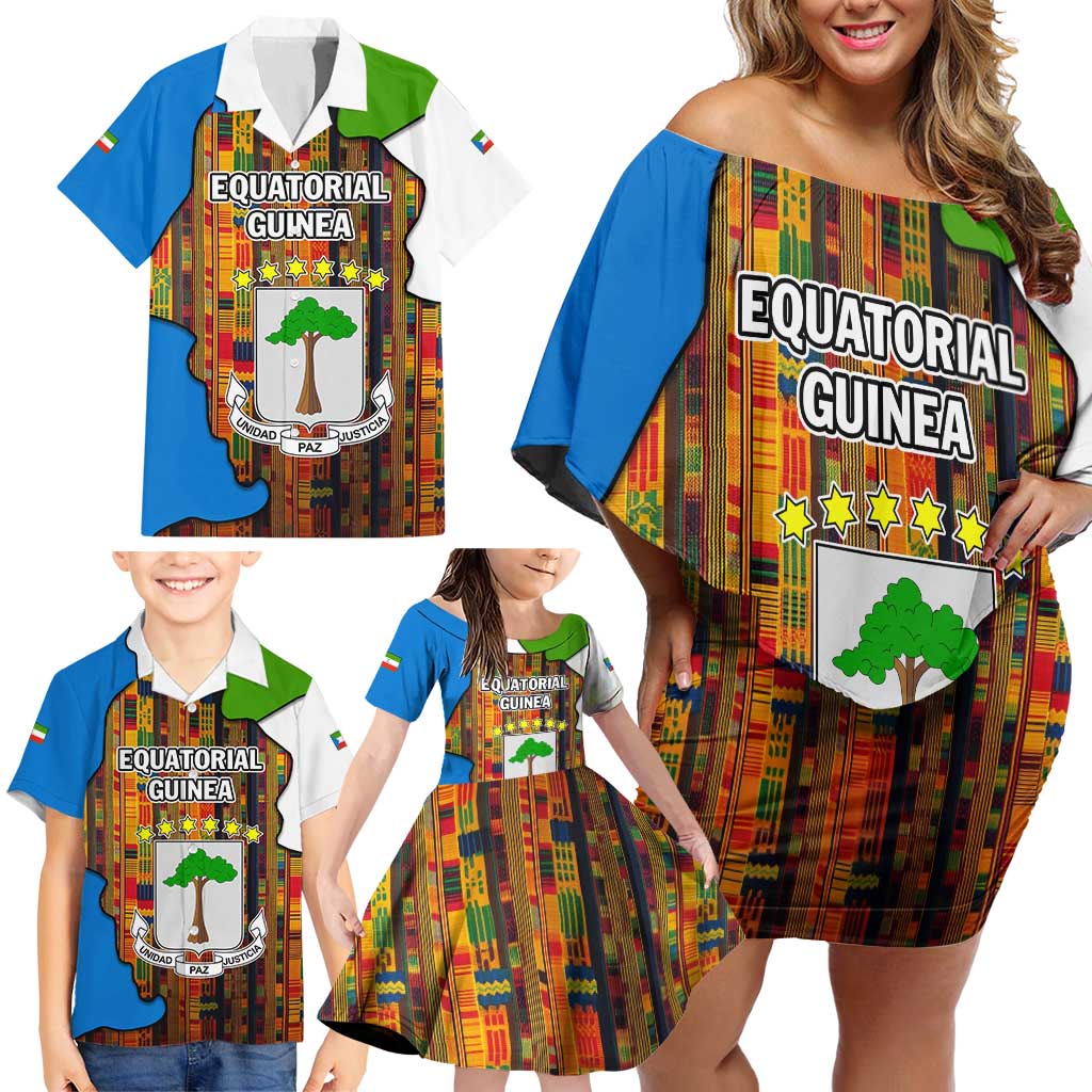Equatorial Guinea Kente Family Matching Off Shoulder Short Dress and Hawaiian Shirt with Tribal Mask and National Coat of Arms