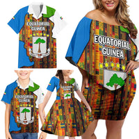 Equatorial Guinea Kente Family Matching Off Shoulder Short Dress and Hawaiian Shirt with Tribal Mask and National Coat of Arms