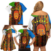 Equatorial Guinea Kente Family Matching Off Shoulder Short Dress and Hawaiian Shirt with Tribal Mask and National Coat of Arms