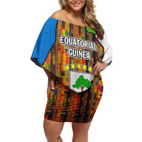 Equatorial Guinea Kente Family Matching Off Shoulder Short Dress and Hawaiian Shirt with Tribal Mask and National Coat of Arms