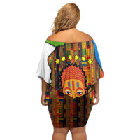 Equatorial Guinea Kente Family Matching Off Shoulder Short Dress and Hawaiian Shirt with Tribal Mask and National Coat of Arms