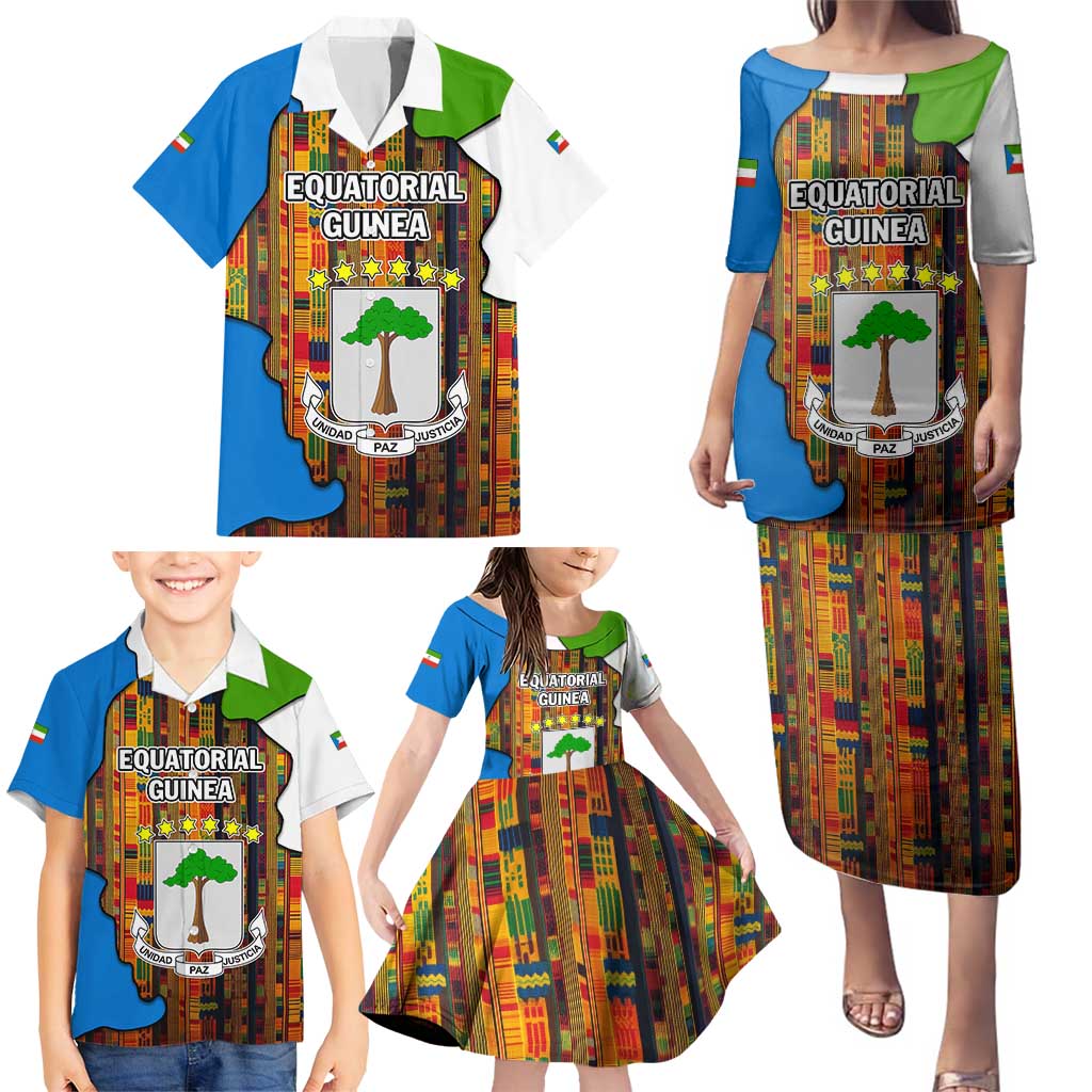 Equatorial Guinea Kente Family Matching Puletasi and Hawaiian Shirt with Tribal Mask and National Coat of Arms