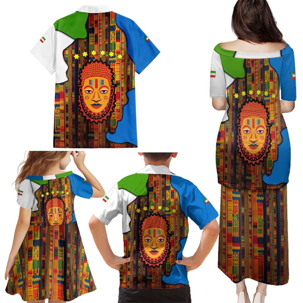 Equatorial Guinea Kente Family Matching Puletasi and Hawaiian Shirt with Tribal Mask and National Coat of Arms