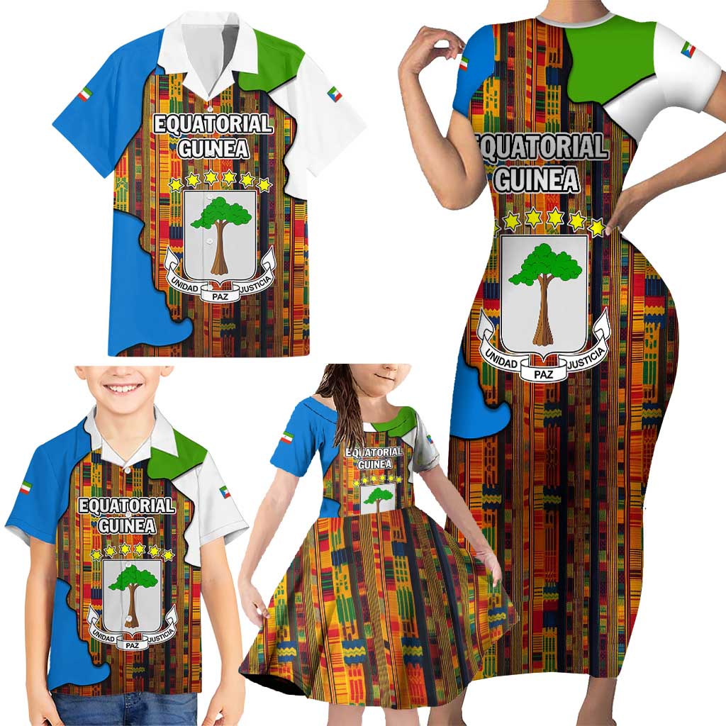 Equatorial Guinea Kente Family Matching Short Sleeve Bodycon Dress and Hawaiian Shirt with Tribal Mask and National Coat of Arms