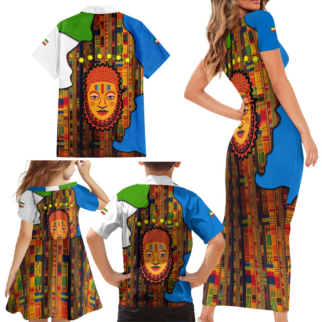 Equatorial Guinea Kente Family Matching Short Sleeve Bodycon Dress and Hawaiian Shirt with Tribal Mask and National Coat of Arms