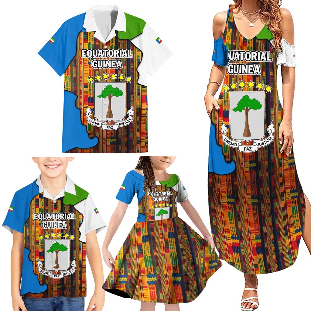 Equatorial Guinea Kente Family Matching Summer Maxi Dress and Hawaiian Shirt with Tribal Mask and National Coat of Arms