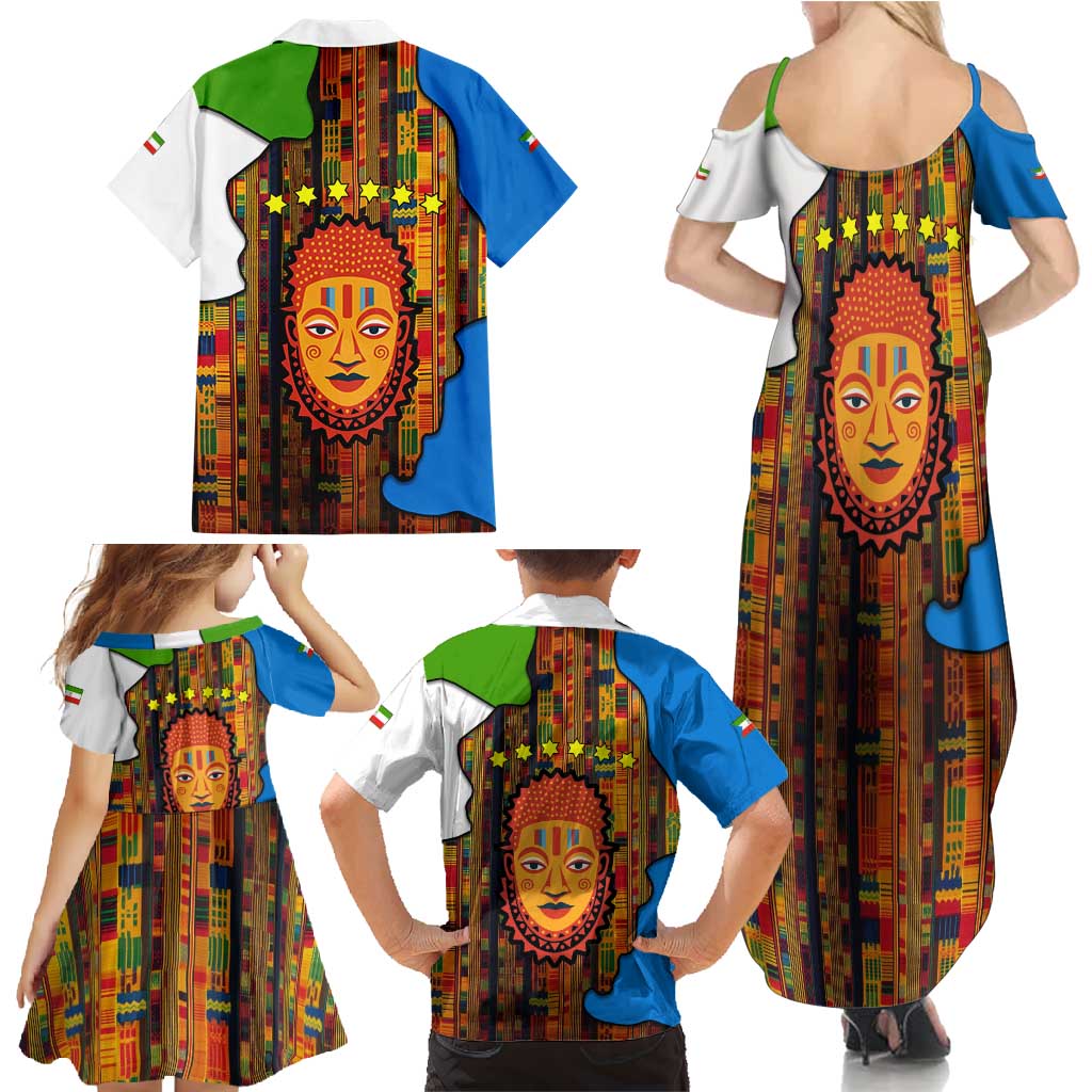 Equatorial Guinea Kente Family Matching Summer Maxi Dress and Hawaiian Shirt with Tribal Mask and National Coat of Arms