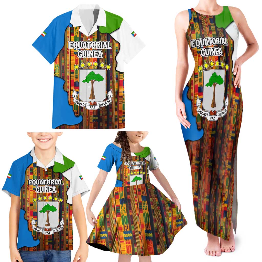 Equatorial Guinea Kente Family Matching Tank Maxi Dress and Hawaiian Shirt with Tribal Mask and National Coat of Arms