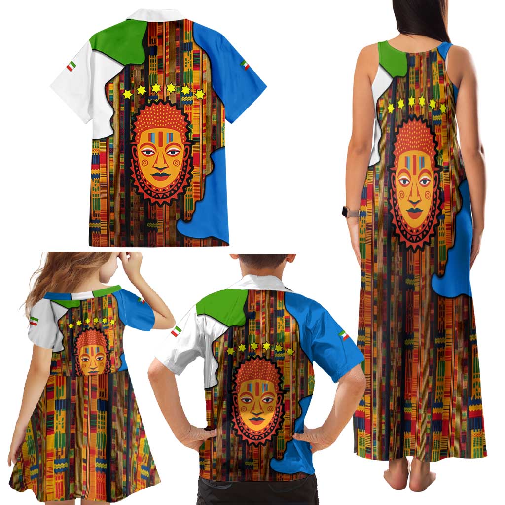 Equatorial Guinea Kente Family Matching Tank Maxi Dress and Hawaiian Shirt with Tribal Mask and National Coat of Arms