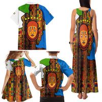 Equatorial Guinea Kente Family Matching Tank Maxi Dress and Hawaiian Shirt with Tribal Mask and National Coat of Arms
