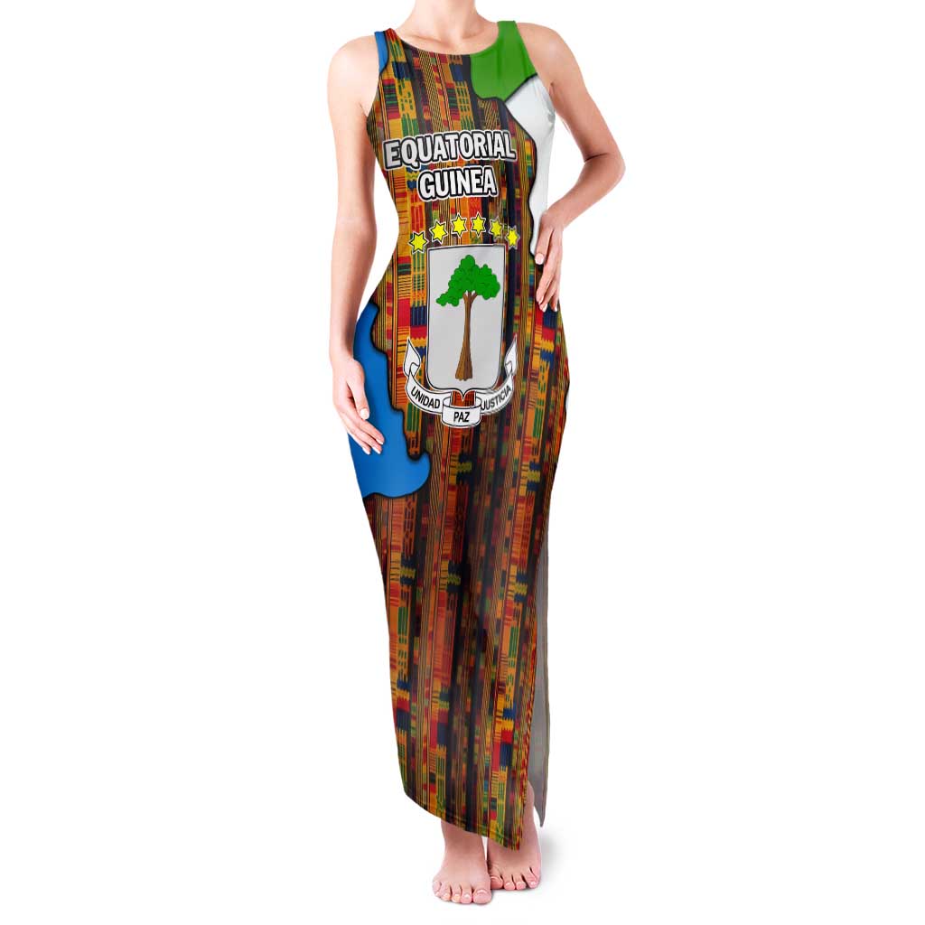 Equatorial Guinea Kente Family Matching Tank Maxi Dress and Hawaiian Shirt with Tribal Mask and National Coat of Arms