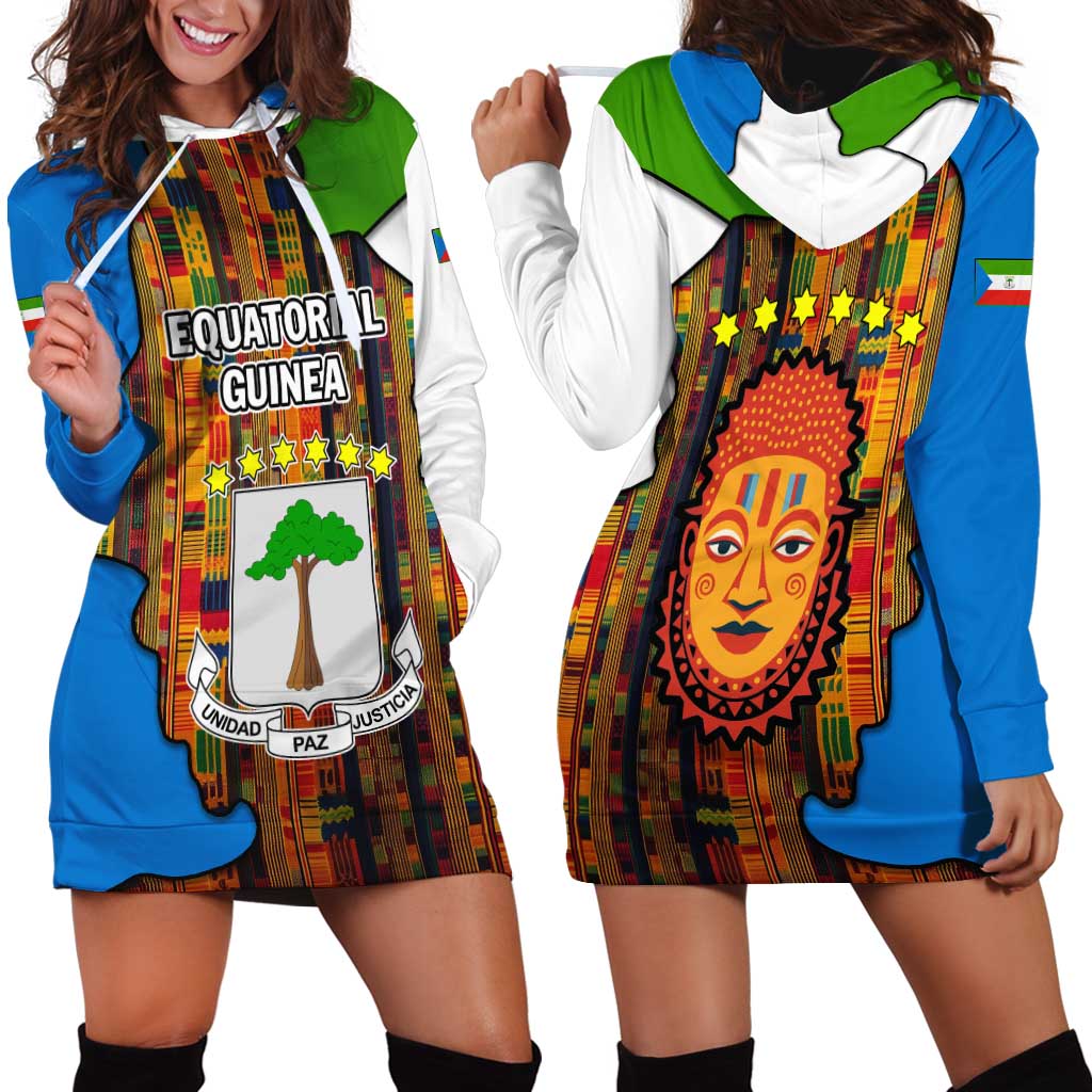 Equatorial Guinea Kente Hoodie Dress with Tribal Mask and National Coat of Arms
