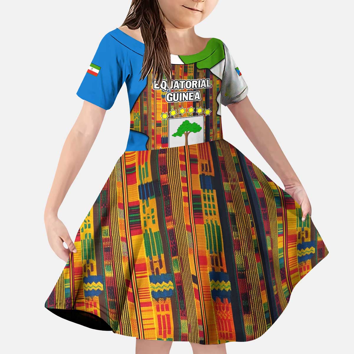 Equatorial Guinea Kente Kid Short Sleeve Dress with Tribal Mask and National Coat of Arms