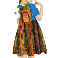 Equatorial Guinea Kente Kid Short Sleeve Dress with Tribal Mask and National Coat of Arms