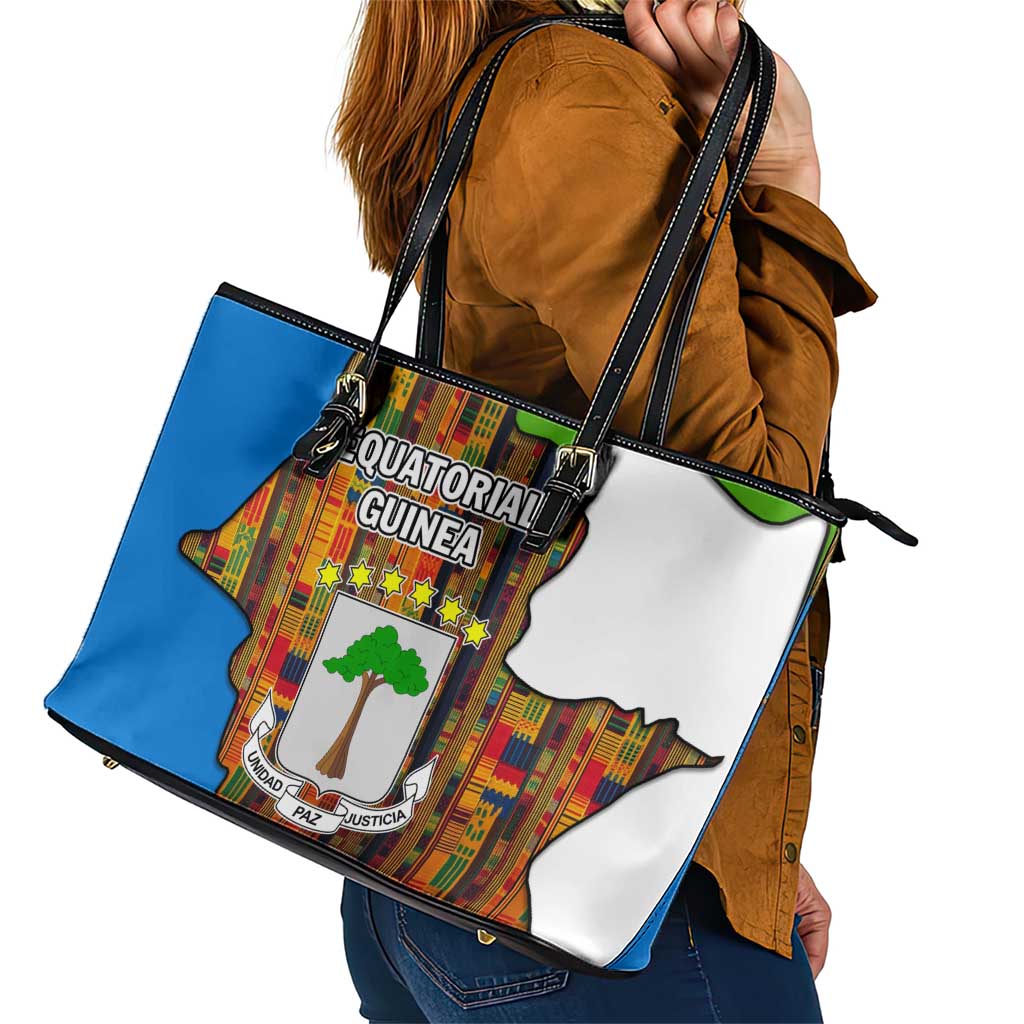 Equatorial Guinea Kente Leather Tote Bag with Tribal Mask and National Coat of Arms