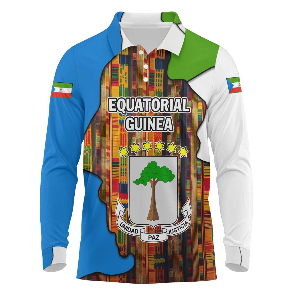 Equatorial Guinea Kente Long Sleeve Polo Shirt with Tribal Mask and National Coat of Arms