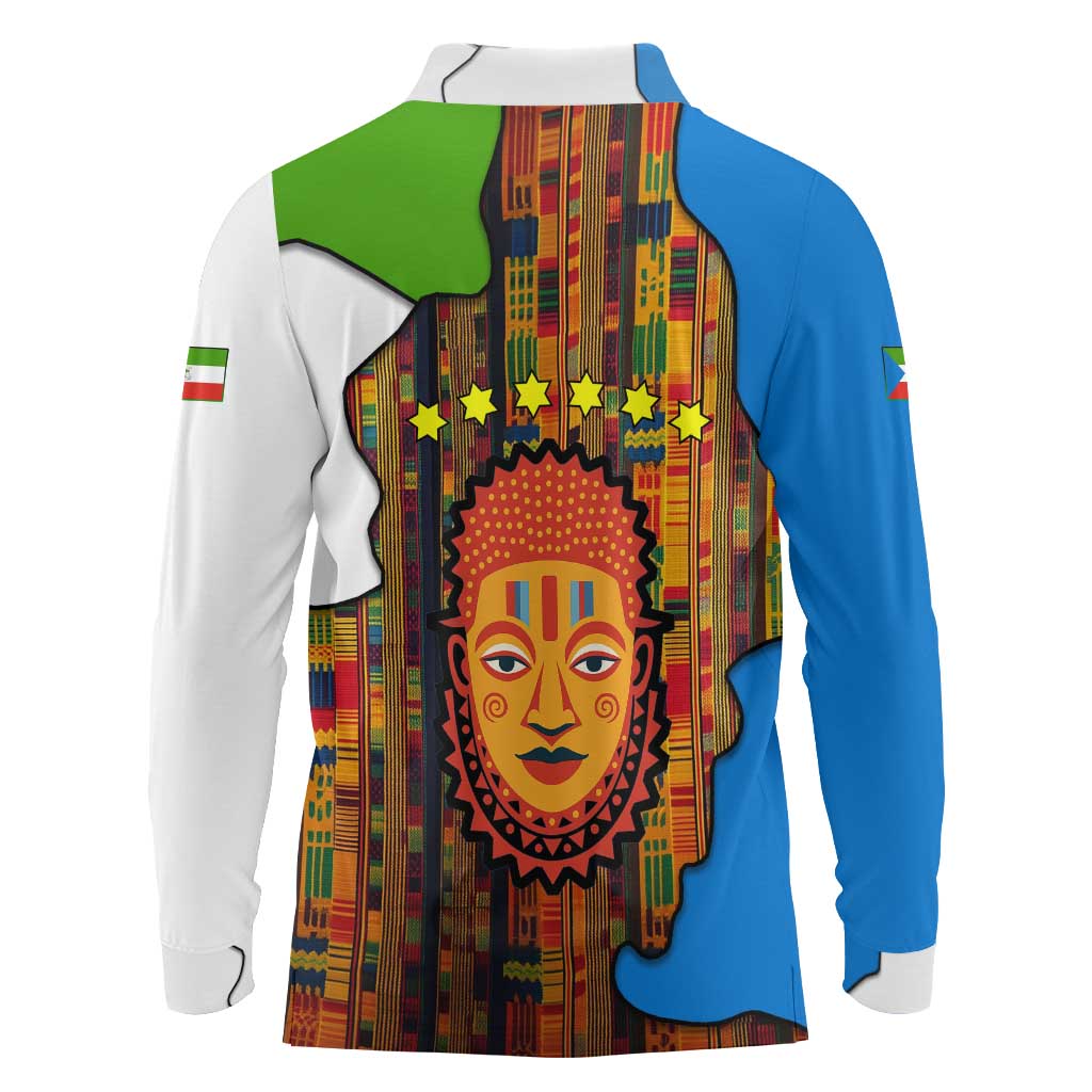 Equatorial Guinea Kente Long Sleeve Polo Shirt with Tribal Mask and National Coat of Arms