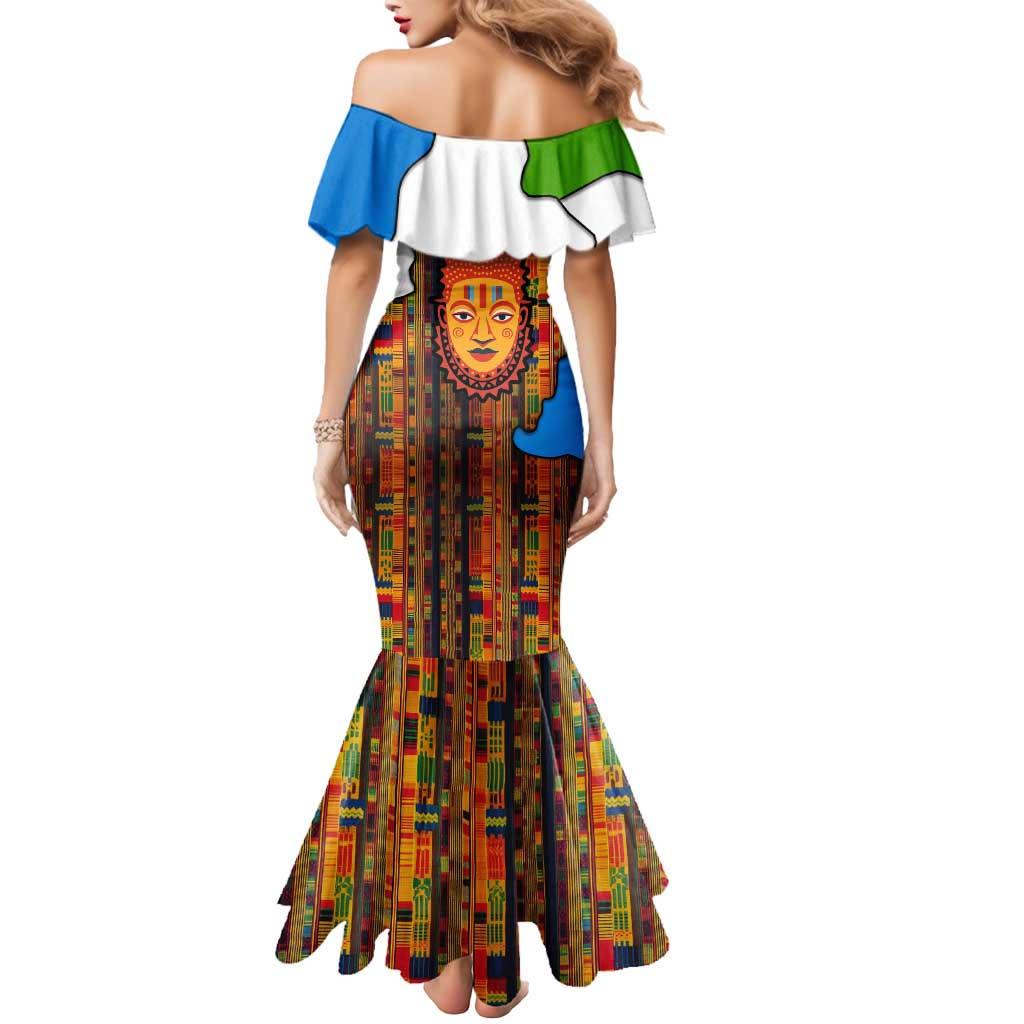 Equatorial Guinea Kente Mermaid Dress with Tribal Mask and National Coat of Arms
