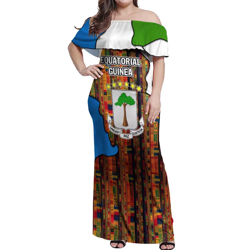 Equatorial Guinea Kente Off Shoulder Maxi Dress with Tribal Mask and National Coat of Arms