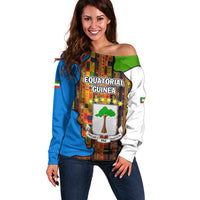 Equatorial Guinea Kente Off Shoulder Sweater with Tribal Mask and National Coat of Arms