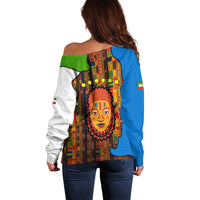 Equatorial Guinea Kente Off Shoulder Sweater with Tribal Mask and National Coat of Arms
