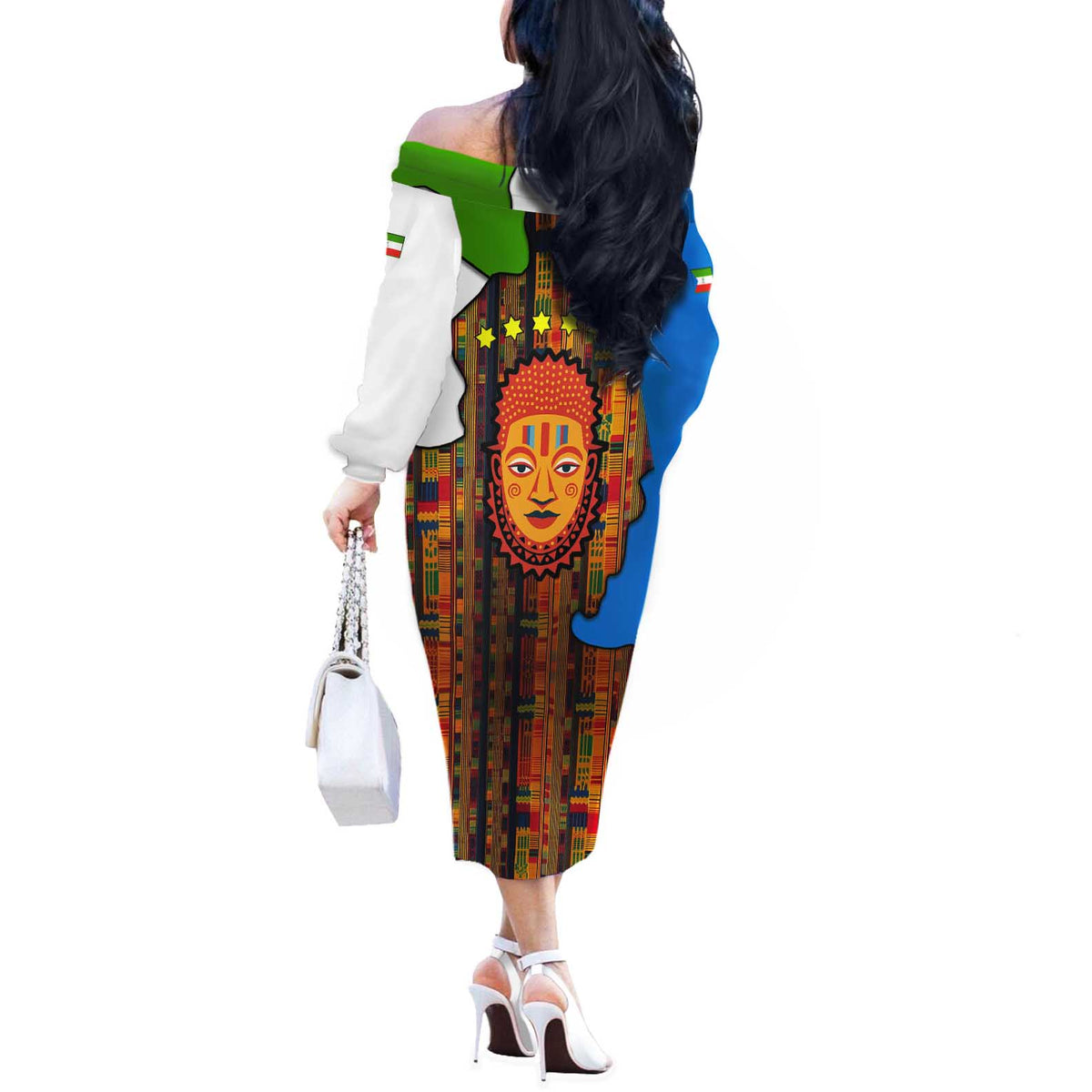 Equatorial Guinea Kente Off The Shoulder Long Sleeve Dress with Tribal Mask and National Coat of Arms