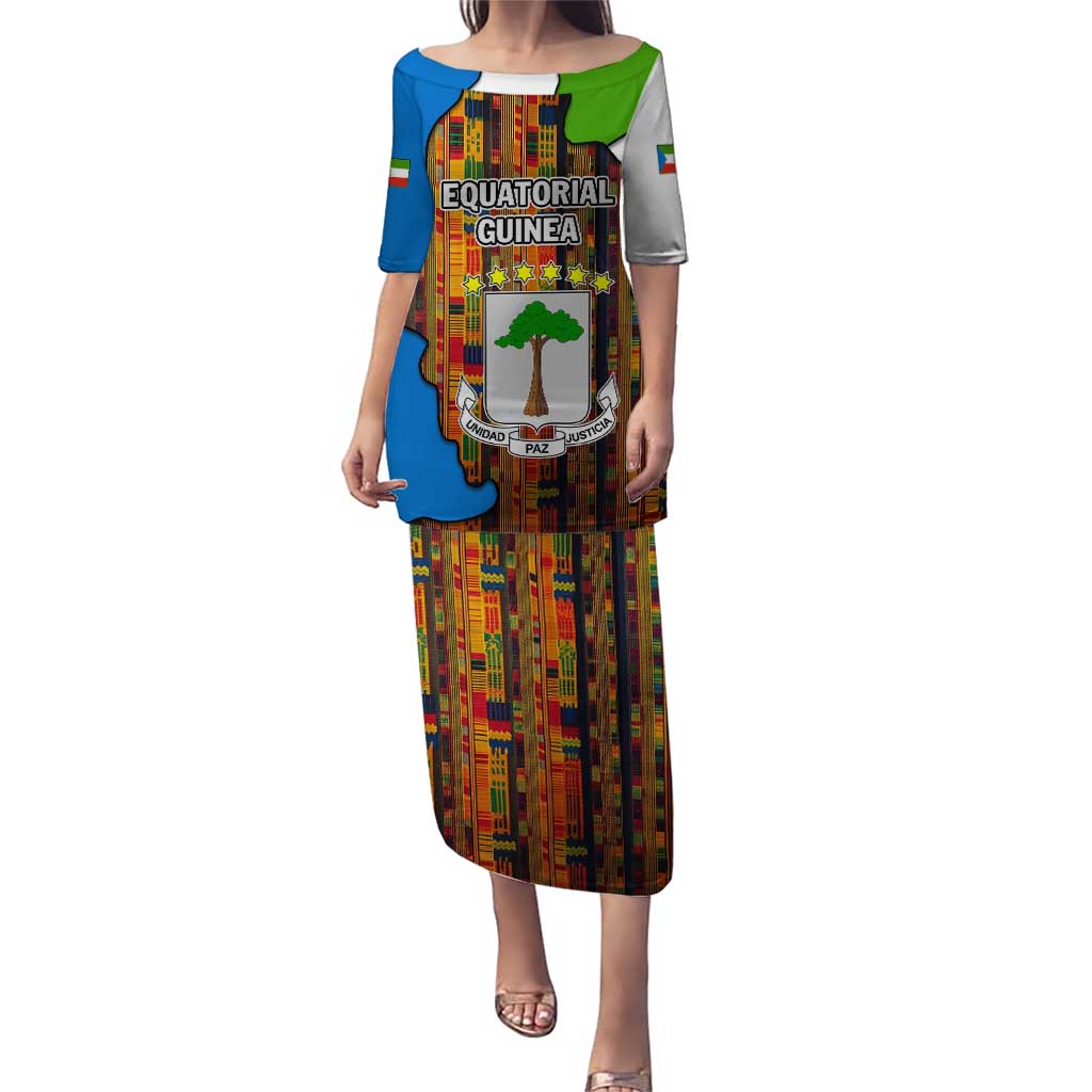 Equatorial Guinea Kente Puletasi with Tribal Mask and National Coat of Arms