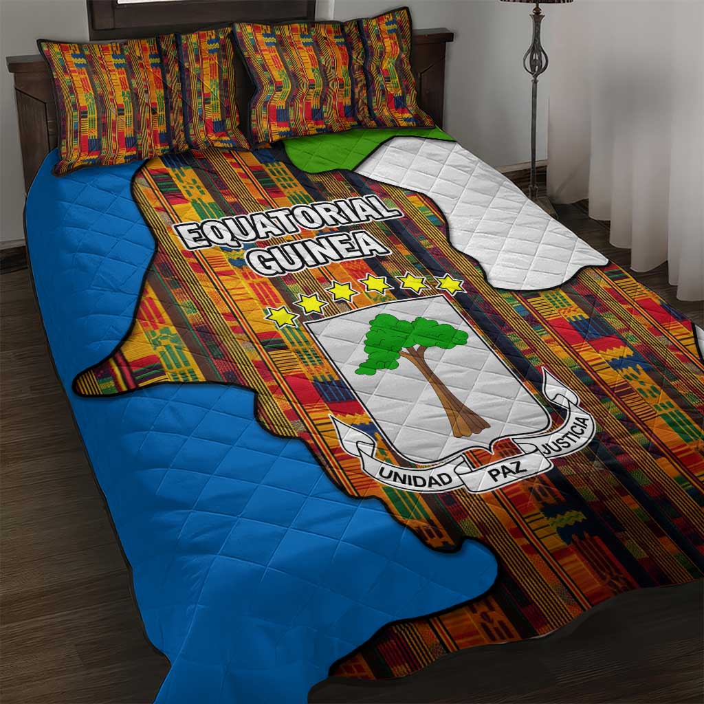 Equatorial Guinea Kente Quilt Bed Set with Tribal Mask and National Coat of Arms